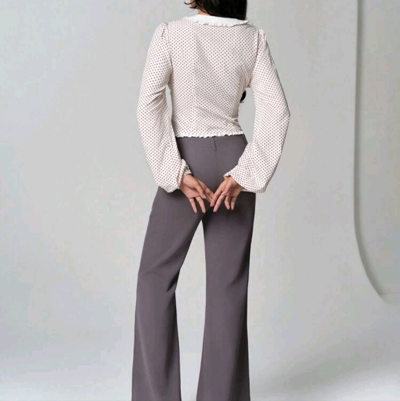 Women's Casual Polka Dot Print With Ruffle Neckline Long Sleeve Blouse - Picture 2 of 4